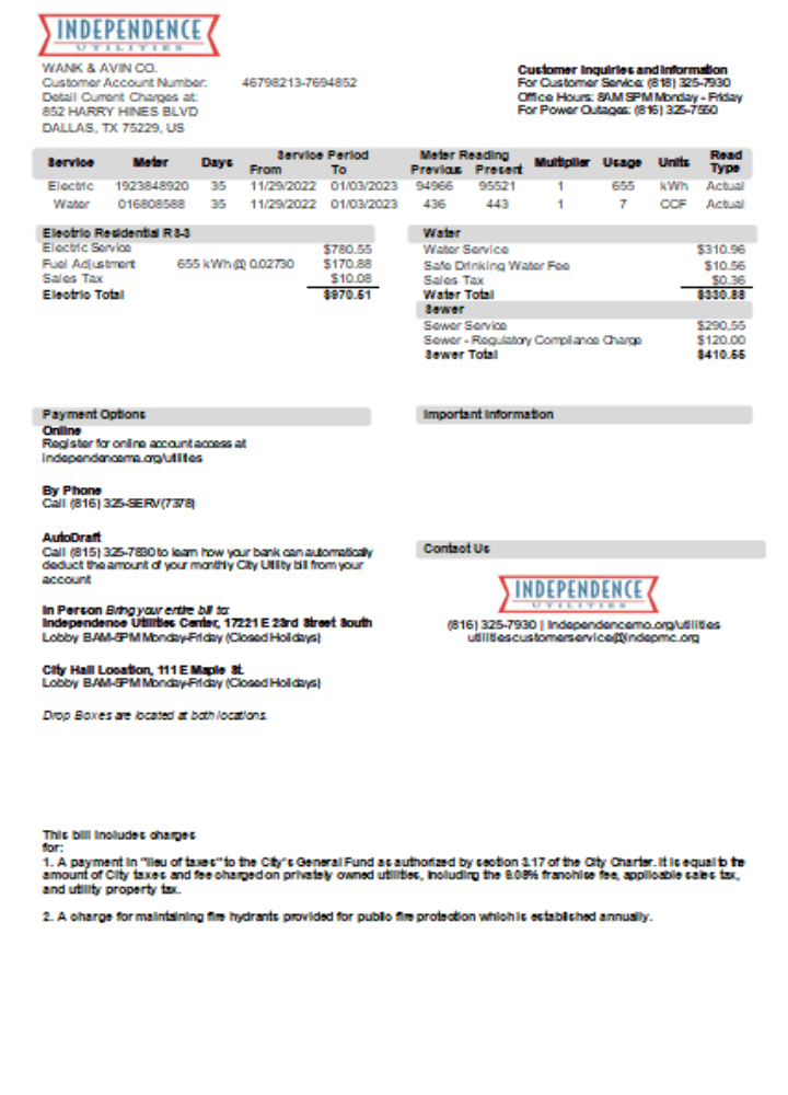 City of Independence, Missouri utility business bill, SCR PSD template